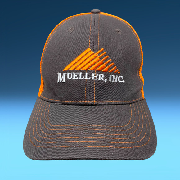 Mueller, Inc. Embroidered Trucker Hat Cap Snapback Orange Gray Mesh Back - Picture 2 of 6